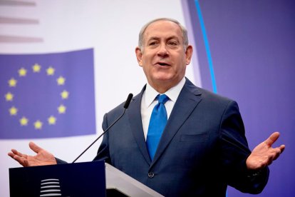 El primer ministre israelià, Benjamin Netanyahu, durant una roda de premsa des de Brussel·les.