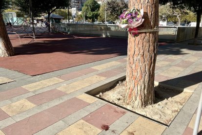 Ramo de flores que dos chicas han enganchado al árbol donde recibió una agresión mortal con arma blanca a un vecino del entorno de la plaza Pep Ventura de Badalona.