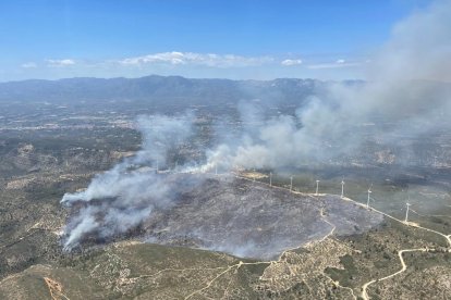 Imatge aeria de l'incendi al Coll de l'Alba de Tortosa.