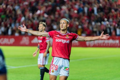 Alan Godoy celebrant el seu últim gol amb el Nàstic, contra el Màlaga.