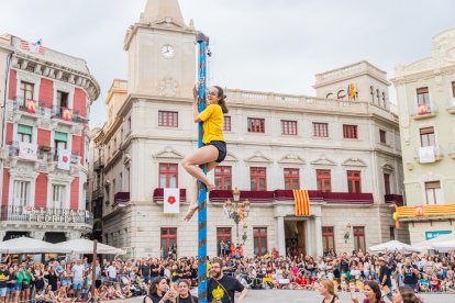 Imatge dels participants del torneig intentant escalar el pal ensabonat.