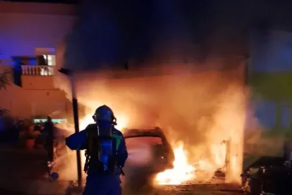 Un bomber durant l'extinció del foc a Deltebre.