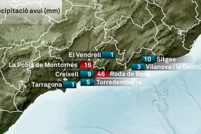 Mapa de pluja acumulada d'aquesta matinada a la costa tarragonina.