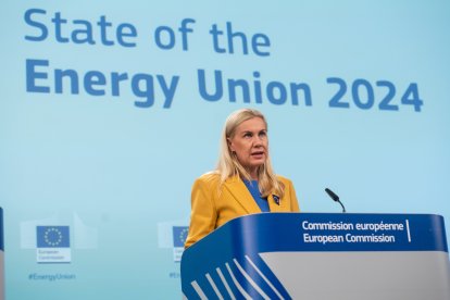 L'eurocomissària d'energia, Kadri Simson, durant la presentació de l'informe anual sobre la situació energètica de la Unió Europea.