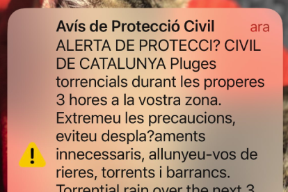 Missatge de text enviat per Protecció Civil.