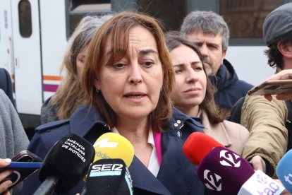 La consellera de Territori, Sílvia Paneque, atèn els mitjans abans de pujar al primer tren que torna a circular entre Tarragona i Barcelona després de les obres del túnel de Roda de Berà.