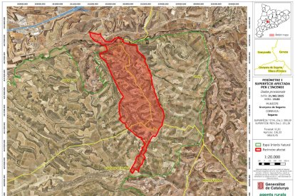 Perímetro del fuego de vegetación iniciado en Granyena de Segarra.