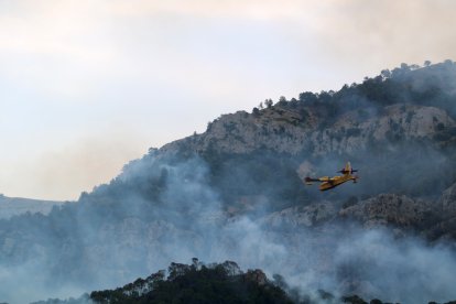 Una avioneta sobvola la zona quemada del rincón del Augueró en Paüls