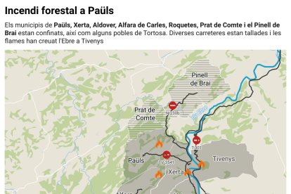 Mapa de situació de l'incendi forestal a Paüls, actualitzat a les 9h del matí del 9 de juliol, amb la reobertura de les carreteres C-12 i C-43.