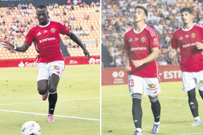 En la izquierda, Cedric Omoigui durante el duelo contra el Andorra y, a la derecha, Marcos Baselga después de marcar al Real Zaragoza.