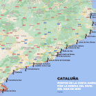Punts de la costa amenaçats per la pujada del nivell del mar l'any 2030.