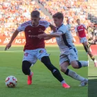 El davanter del Nàstic, Álex Jiménez, durant el duel del diumenge contra l’Osasuna Promesas.