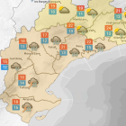 Mapa del Camp de Tarragona i les Terres de l'Ebre amb els avisos taronja i groc.