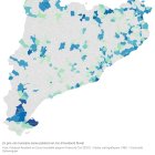El mapa situa la població resident en zones indundables de Catalunya (amb u període de retorn de 500 anys). Com més intens és el color blau, més percentatge de població es veuria afectada