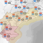 Mapa del Camp de Tarragona i les Terres de l'Ebre amb els avisos vermells i grocs.