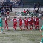 Els joves jugadors del Nàstic celebrant un dels gols del partit de Copa Catalunya contra el Cerdanyola, ahir.