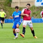 El defensor del Nàstic, Unai Dufur, durant el partit de la primera volta al camp de l’Amorebieta.