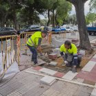Operaris treballant a les voreres del carrer Josep Iglesias.
