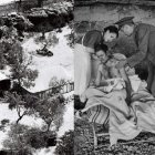 A l'esquerra, Camp base ubicat davant de l'hospital de campanya del front de l'Ebre a la cova de Santa Llúcia, 1938. A la dreta, l'infermera voluntària australiana Ada Hodson i un metge republicà atenen un soldat gallec a l'hospital de la cova, 1938.