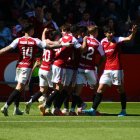 Els jugadors del Nàstic celebrant un gol.