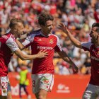 Els jugadors del Nàstic Víctor Narro, David Concha i el capità Joan Oriol celebrant el gol del de Santander.