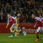 El lateral del Nàstic Pol Domingo, celebrant amb ràbia el que llavors va significar el gol de l’empat contra la Cultural Leonesa en el partit disputat al Nou Estadi.