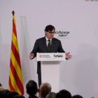 El president Illa, durant la seva intervenció presentant el pla 'Catalunya lidera' a Tortosa