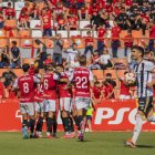 Els jugadors del Nàstic celebrant tots plegats un gol aquesta temporada al Nou Estadi.
