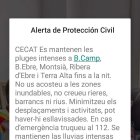 Missatge rebut al mòbil per les pluges a diverses comarques de Tarragona.