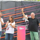 Xavier Domènech, Yolanda López y Fèlix Alonso en un acto de campaña en el Vendrell.