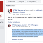 Notificación que ha recibido la página KFC en Tarragona.