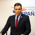 El presidente del gobierno español, Pedro Sánchez, en la rueda de prensa posterior al Consejo Europeo.