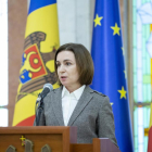 La presidenta de Moldova Maia Sandu speaks during briefing at the presidential palace in Chisinau, M