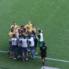 Els jugadors del Nàstic celebrant el gol de la victòria de Josema contra l'SD Logroñés a Las Gaunas.