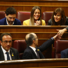 Los diputados de JxCat Jordi Sànchez, Jordi Turull y Josep Rull, sentados en los escaños del Congreso de los Diputados durante la sesión constitutiva del 21 de mayo del 2019