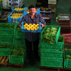 Imatge d'arxiu del president de la Cooperativa de l'Aldea, Miguel Carles, entre caixes de verdures i fruites al magatzem de l'agrobotiga de l'entitat.