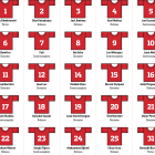 Imatge de les samarretes del Nàstic amb els dorsals i els noms dels jugadors