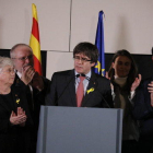 El president Puigdemont i els consellers destituïts Toni Comín, Meritxell Serret, Lluís Puig i Clara Ponsatí a Brussel·les despés és de les eleccions del 21-D.