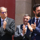 El president del Govern, Quim Torra, i el president del Parlament, Roger Torrent, durant la declaració institucional amb motiu de l'acostament dels presos.