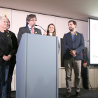 El presidente Carles Puigdemont y los consellers en el exilio durante su discurso el 22 de diciembre pasado en Bruselas
