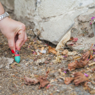 Una veïna de Vileta de Mar mostra les restes d'un coet que, segons va dir, porta setmanes al carrer.