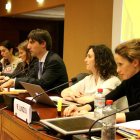 Imatge de la Conferència a l'ONU sobre la situació a Catalunya amb l'advocada internacioal Rachel Lindon.