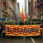 Miembros de Sons de la Cossetània que participaron en la fiesta de Saint Patrick en Nueva York.