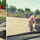 El hombre, desnudo sobre la moto