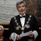 El president del Consell General del Poder Judicial (CGPJ), Carlos Lesmes, al costat de la la fiscal general de l'Estat, María José Segarra, durant la seva intervenció en l'acte de l'obertura de l'any judicial.