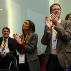 El president del PDeCAT, David Bonvehí; la vicepresidenta del partit, Míriam Nogueras, i el diputat al Congrés Ferran Bel al consell nacional.