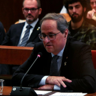 Imagen del presidente de la Generalitat, Quim Torra, respondiendo a las preguntas de su abogado