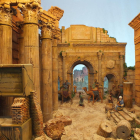 Unos de los dioramas de la exposición, inspirado en la arquitectura de época romana.