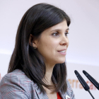 Primer pla de perfil de la portaveu d'ERC, Marta Vilalta, en una roda de premsa del 18 de novembre de 2019