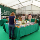 La carpa de la Fira del Llibre Ebrenc amb els llibreters acabant de preparar-la en les primeres hores de la mostra i del Litterarum Móra d'Ebre.